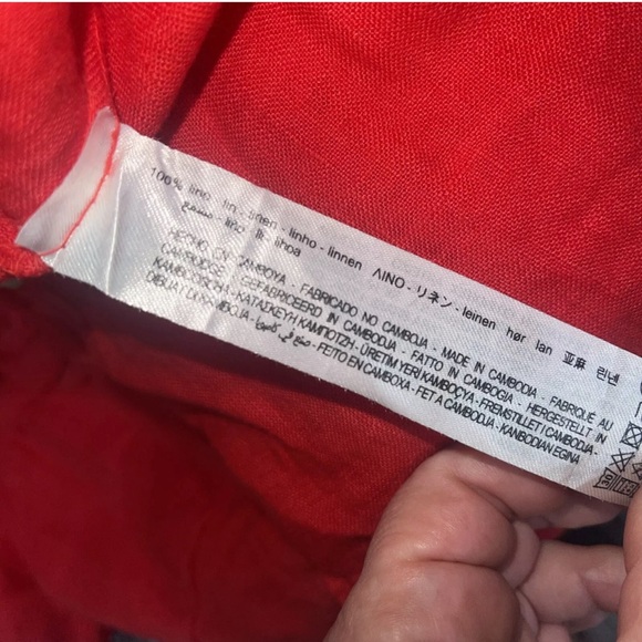 Zara Red Linen SS Shift Smocked Back Dress Women Sz L Decorative Front Button - Picture 9 of 13